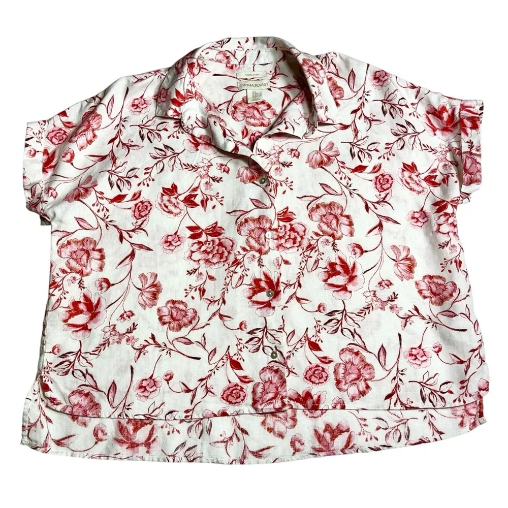 Cynthia Rowley 100% Linen Short Sleeve Floral Top Size M - Picture 3 of 11